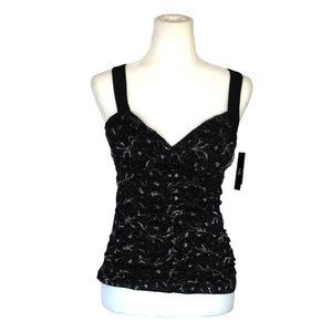 Y2K iz Byer California Tank Top Size Medium Black Metallic Silver Lace Ruched NO